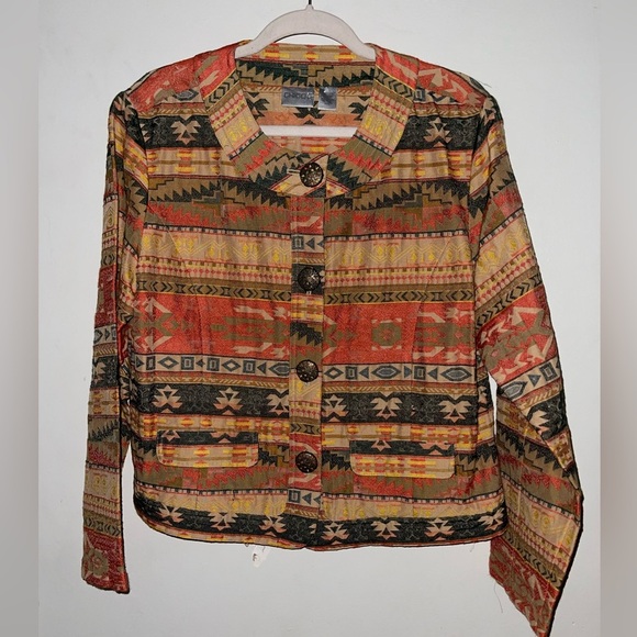 Chicos Cotton Blend Aztec Print Buttn Jacket - Picture 2 of 8